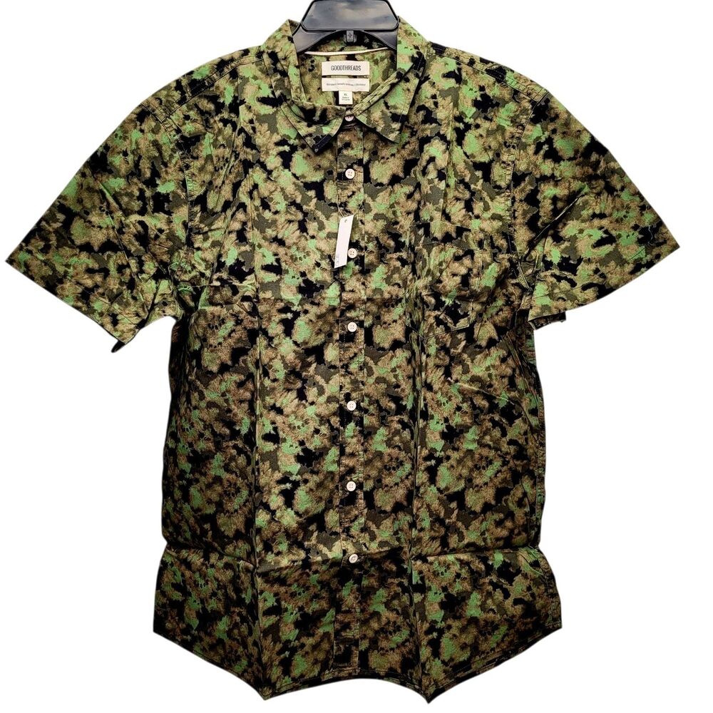Goothreads Men's Standard-Fit Short Sleeve Poplin Shirt Green Abstract Camo XL